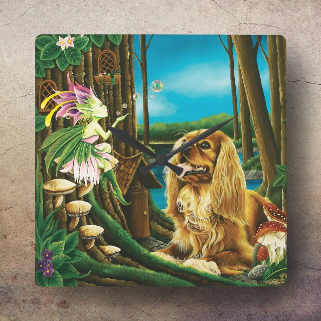 King Charles Spaniel & Sprite Square Wall Clock (Creator Uploaded)