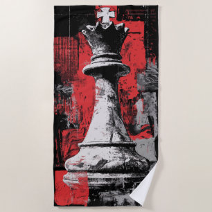 King Chess Piece Art – Red Black Grunge Design Beach Towel