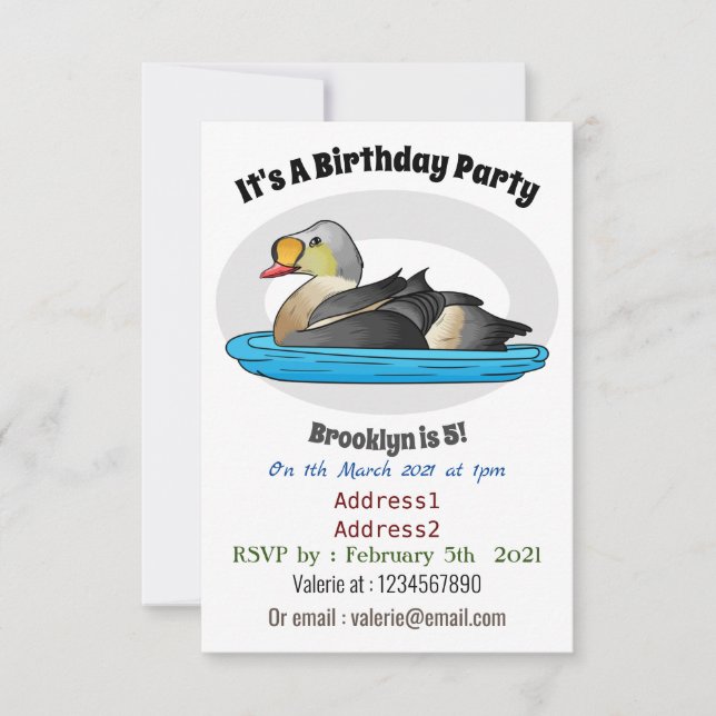 King eider bird cartoon illustration  invitation (Front)