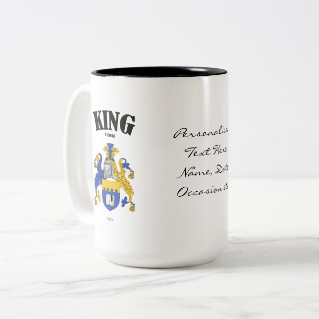 King Family Crest, Translation & Meaning Two-Tone Coffee Mug (Front Left)