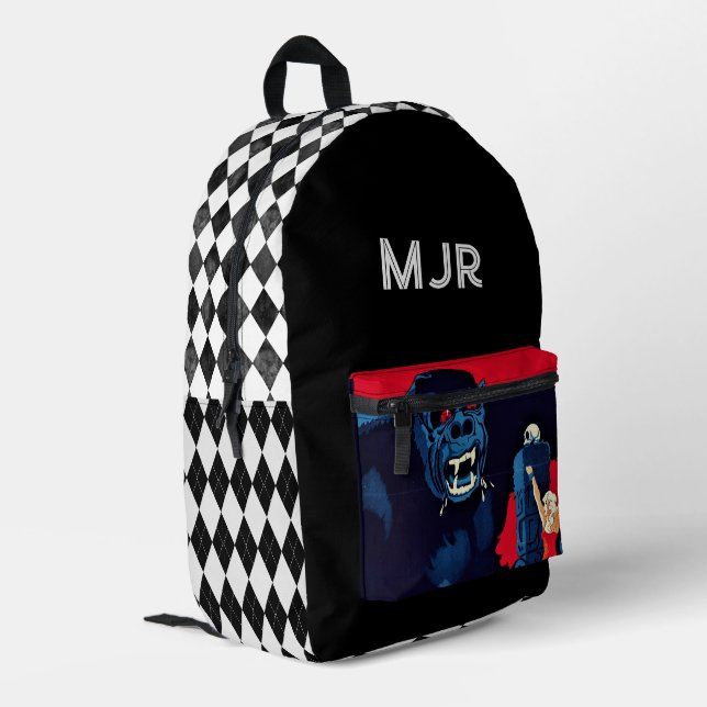 King Gorilla  & Argyle Geometric Printed Backpack (Back Corner Left)