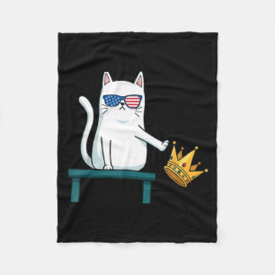 King in America White Cat Funny Cat Kicking Crown Fleece Blanket