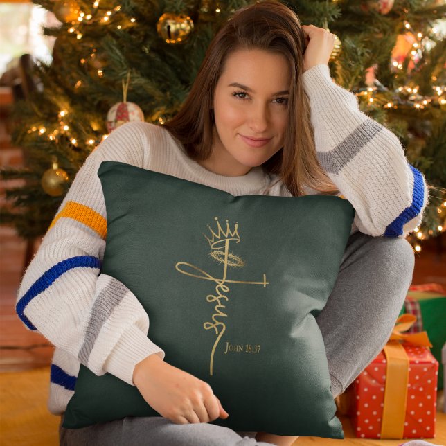 KING JESUS Elegant Green/Gold Christian Christmas  Cushion (Creator Uploaded)