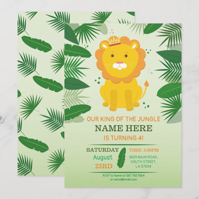 King Jungle Lion Birthday Zoo Safari Birthday Invitation (Front/Back)