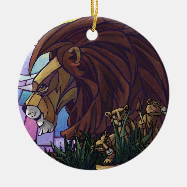King Lion and Cubs Ceramic Tree Decoration (Front)