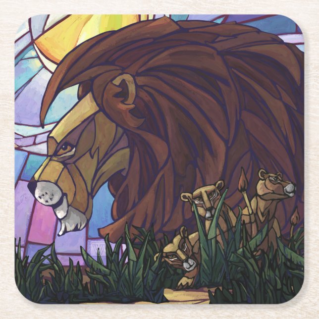 King Lion and Cubs Square Paper Coaster (Front)
