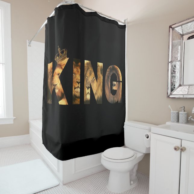 "KING Lion Lettering" Design on Black Shower Curtain (In Situ)