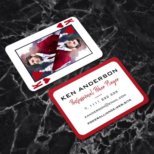 King of Hearts Red White Photo Poker Casino Business Card (Mockup of front and back of card on a marble counterrop)