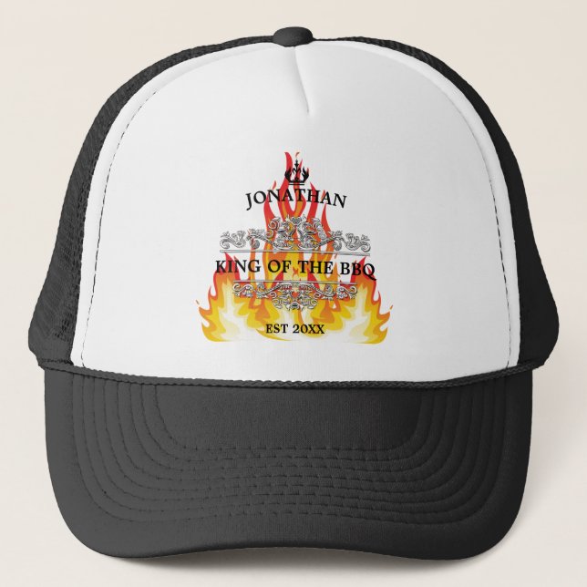 King of The BBQ Funny Quote Initial Name Vintage Trucker Hat (Front)