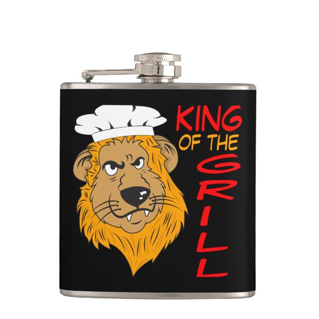 King of the Grill, Lion Chef, Funny Black Hip Flask (Front)