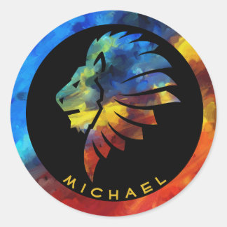 King of the jungle lion watercolor name monogram classic round sticker