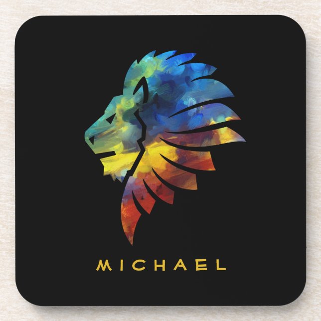 King of the jungle lion watercolor name monogram coaster (Front)