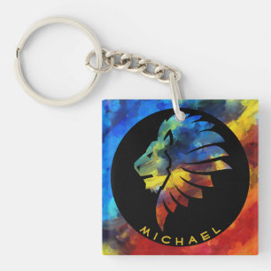 King of the jungle lion watercolor name monogram key ring
