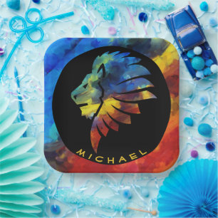 King of the jungle lion watercolor name monogram paper plate