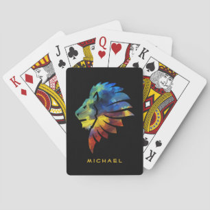King of the jungle lion watercolor name monogram playing cards
