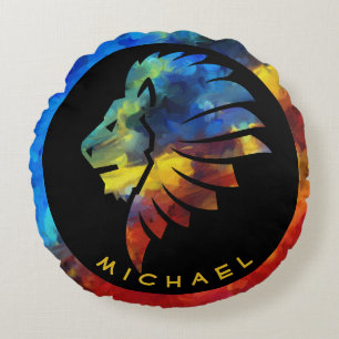 King of the jungle lion watercolor name monogram round cushion