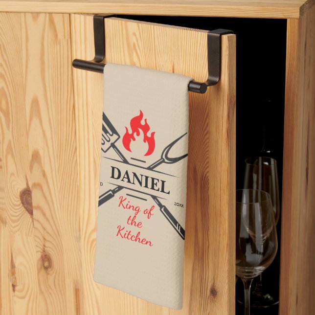 King of the Kitchen Customisable Oatmeal Tan Tea Towel (Thirds Fold)