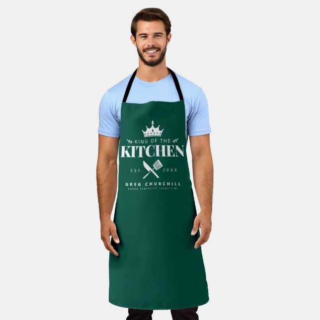 King of The Kitchen Foodie Men Personalised Green Apron (Worn)