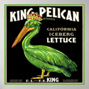 KING PELICAN ICEBERG LETTUCE VINTAGE CRATE LABEL POSTER