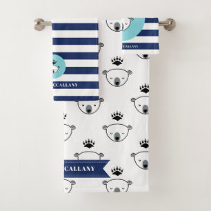 King Polar Bear & Stripes - Custom Name Bath Towel Set