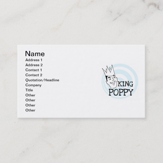 King Poppy T-shirts and Gifts Business Card (Front)