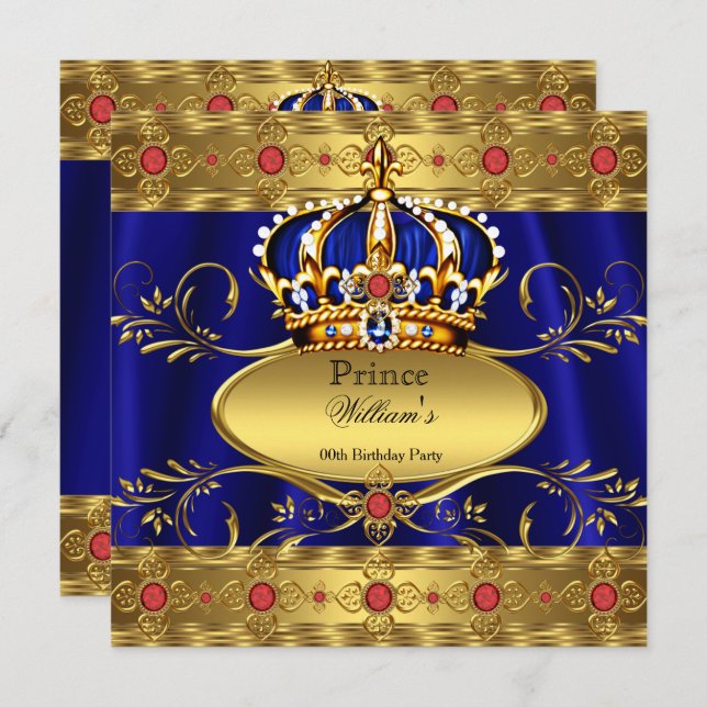 King Prince Royal Blue Regal Red Crown Birthday 3 Invitation (Front/Back)
