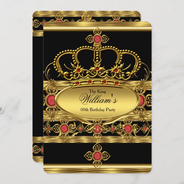 King Prince Royal Gold Red Crown Birthday Party 2 Invitation (Front/Back)