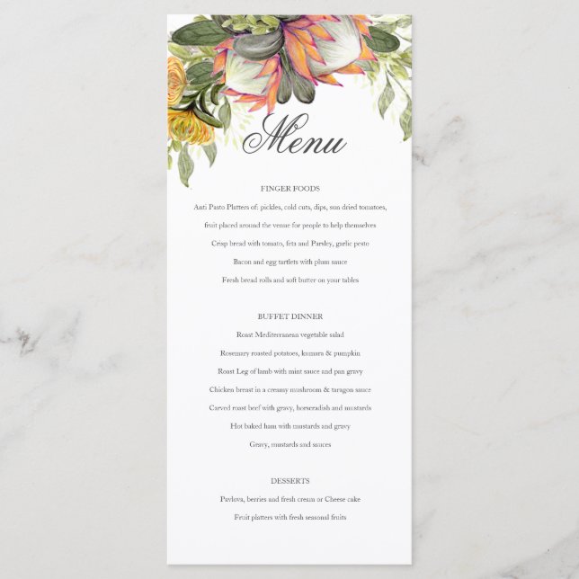 King Protea Bouquet Wedding Menu (Front)