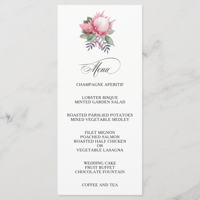 King Protea Watercolor Botanical Wedding Menu (Front)