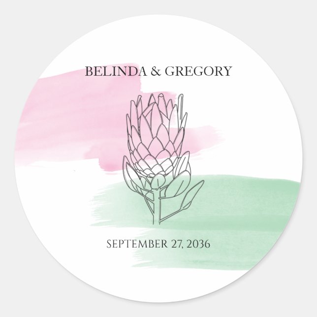 King Protea Watercolor Wedding Classic Round Sticker (Front)