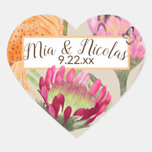 King Proteas, Tiger Lilies Couple's Names Wedding Heart Sticker