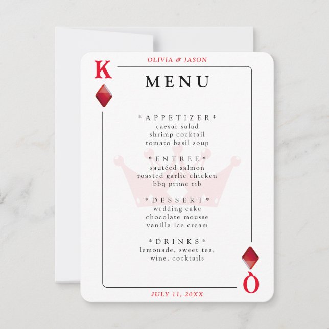 King & Queen of Diamonds Playing Card Wedding Menu (Front)