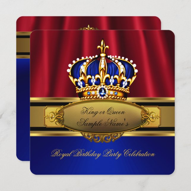 King Queen Red Royal Blue Gold Birthday Party Invitation (Front/Back)