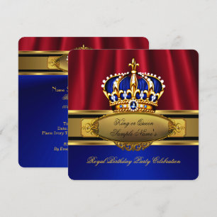 King Queen Red Royal Blue Gold Birthday Party Invitation