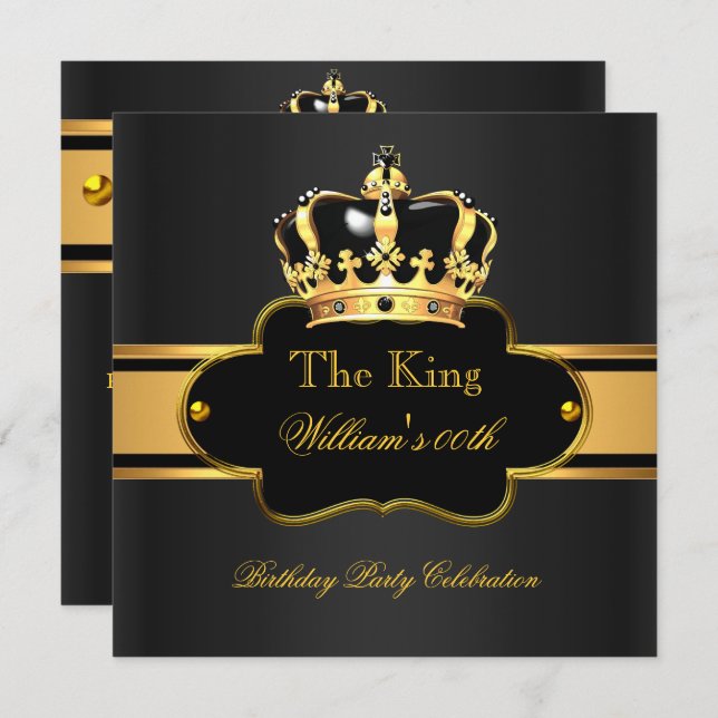 King Queen Royal Black Gold Birthday Men or Women Invitation (Front/Back)