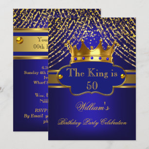 King Royal Blue Gold Crown Birthday Party Mens Invitation