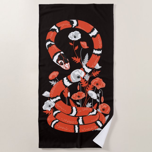 King snake with poppy flowers beach towel (Front)