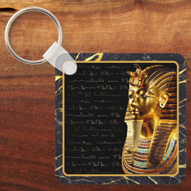 King Tutankhamun with Hieroglyphs Gold and Black Key Ring (Front)