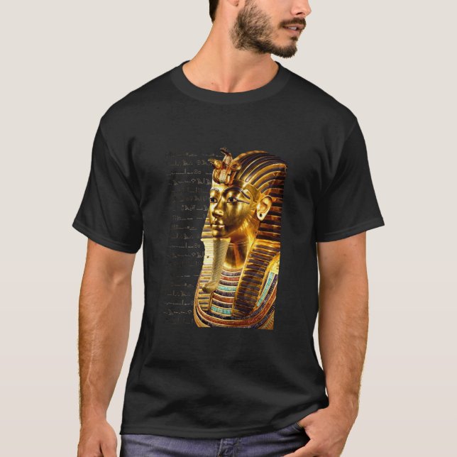 King Tutankhamun with Hieroglyphs Gold and Black T-Shirt (Front)