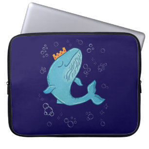 King Whale with Crown Whimsical Ocean Folk Art Laptop Sleeve