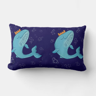 King Whale with Crown   Whimsical Ocean Folk Art Lumbar Cushion