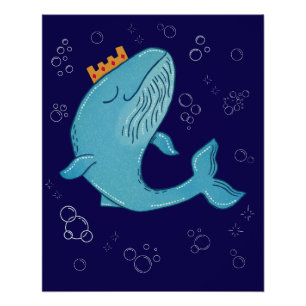 King Whale with Crown   Whimsical Ocean Folk Art Poster