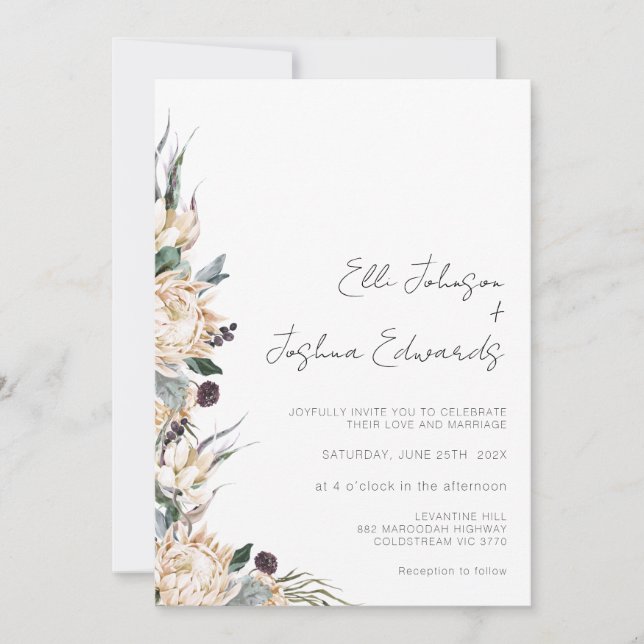 King White Protea Modern Calligraphy Wedding  Invitation (Front)