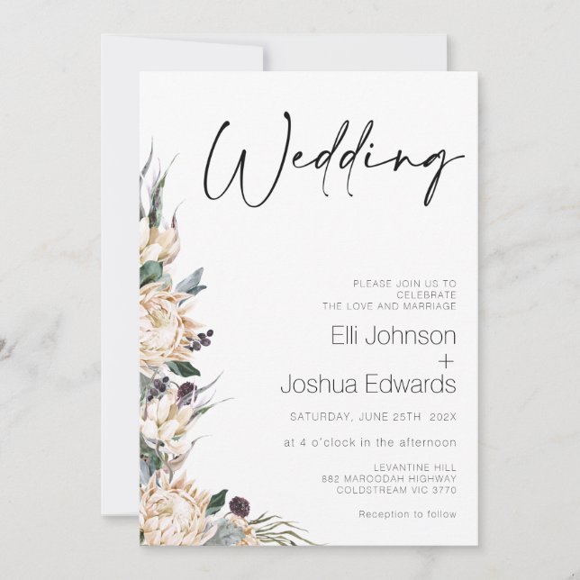 King White Protea Wedding Calligraphy Wedding Invitation (Front)