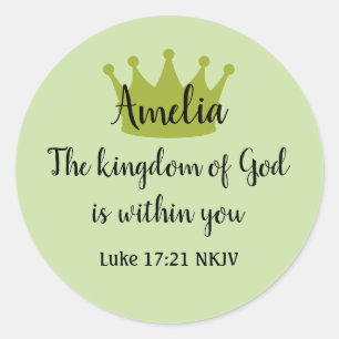 Kingdom of God Bible Verse Name and Crown Green Classic Round Sticker