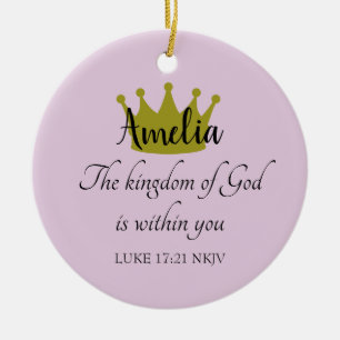 Kingdom of God Bible Verse Name and Crown Lavender Ceramic Ornament