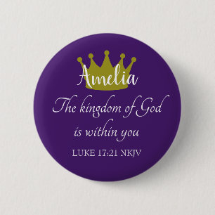 Kingdom of God Bible Verse Name and Crown Purple 6 Cm Round Badge