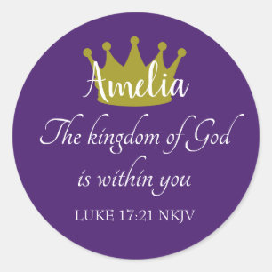 Kingdom of God Bible Verse Name and Crown Purple Classic Round Sticker