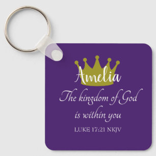 Kingdom of God Bible Verse Name and Crown Purple Key Ring