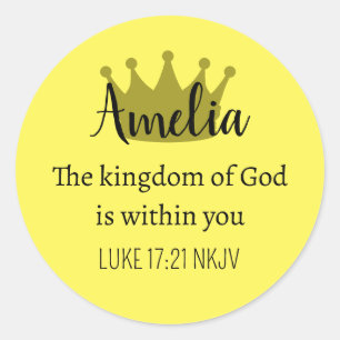 Kingdom of God Bible Verse Name and Crown Yellow Classic Round Sticker